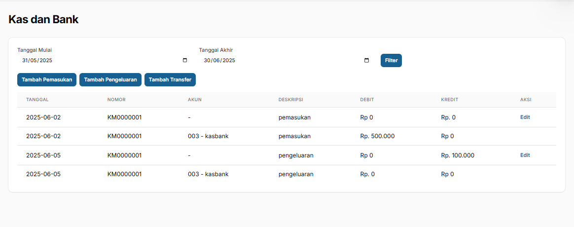 Tampilan Kas dan Bank