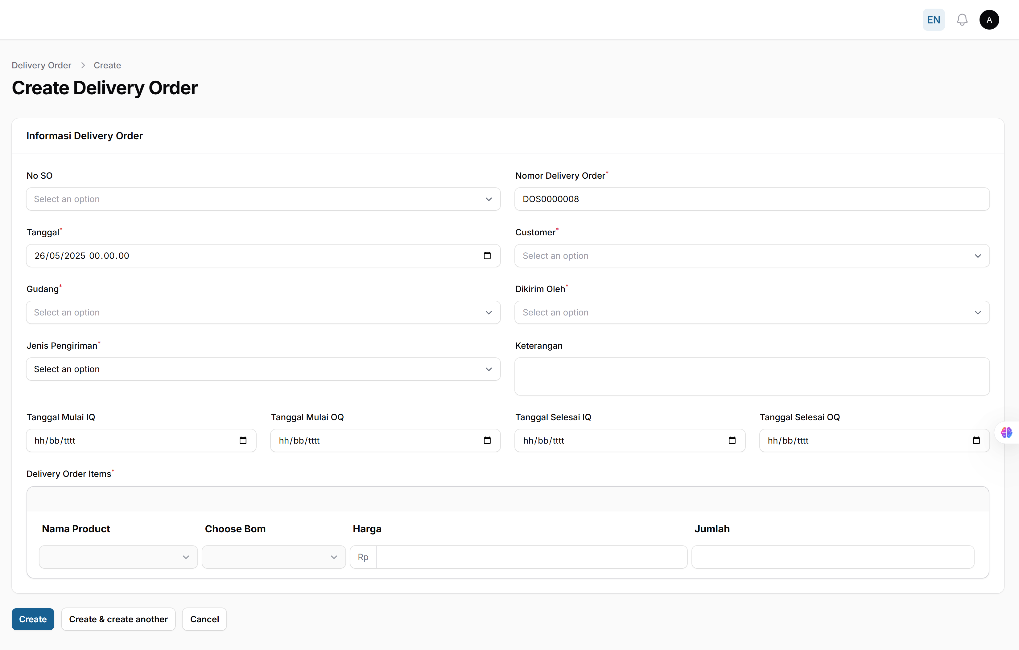 Create Delivery Order