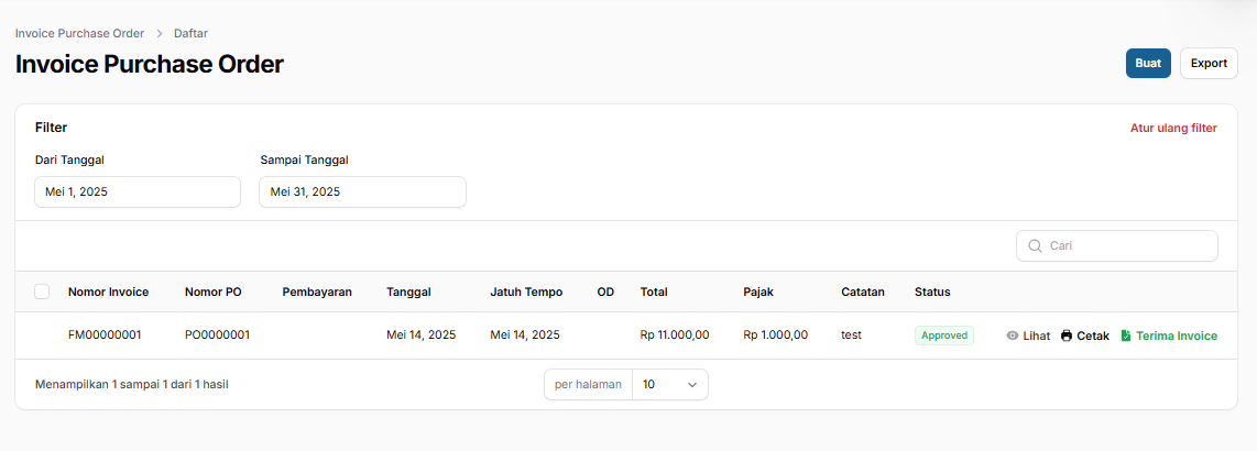 Tampilan halaman Invoice Purchase Order