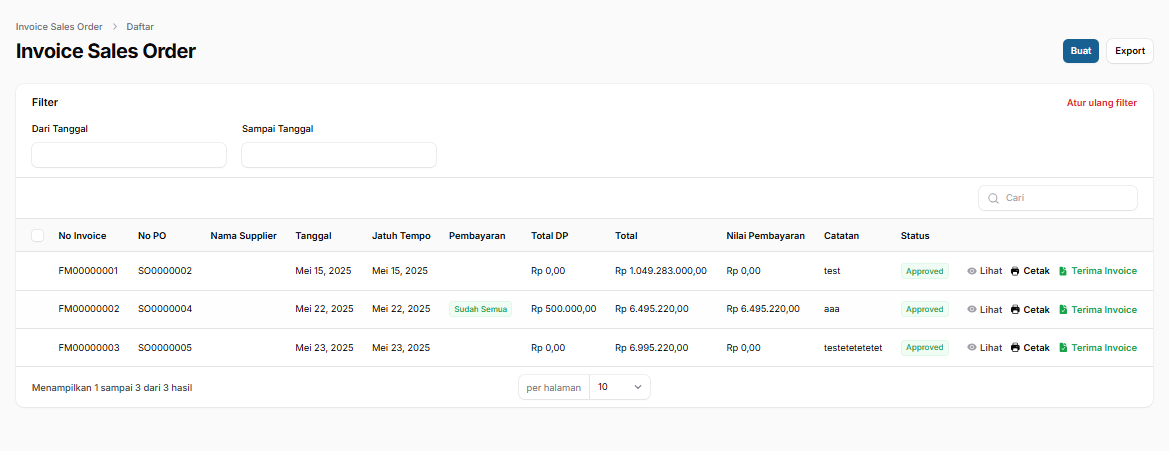 Tampilan halaman Invoice Sales Order