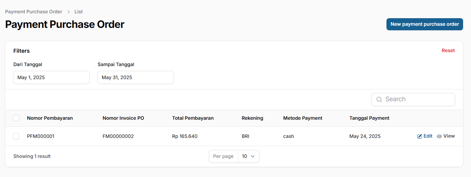 Tampilan halaman Payment Purchase Orders