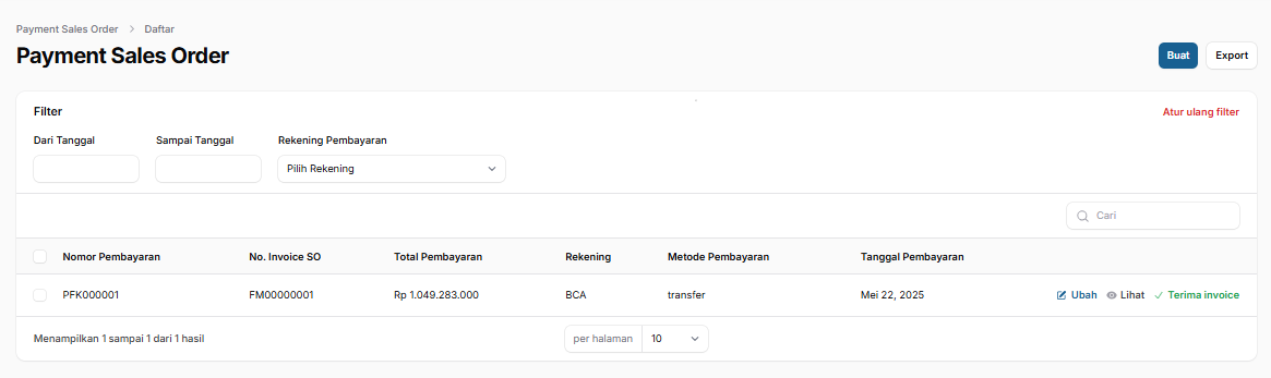 Tampilan halaman Payment Sales Order