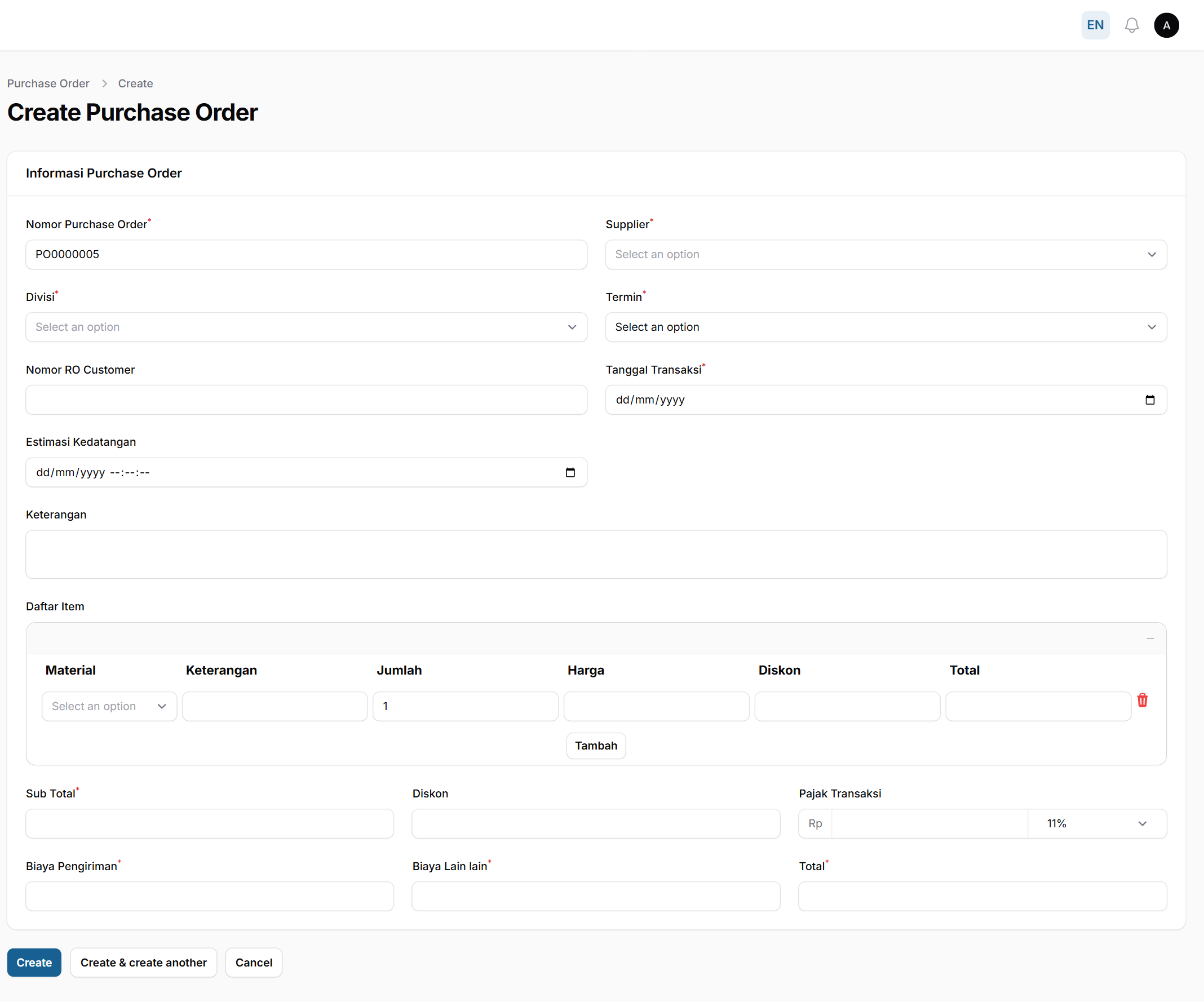 Create Purchase Order