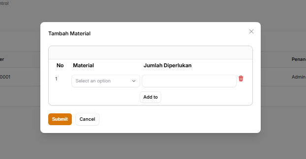 Tampilan pop up add material